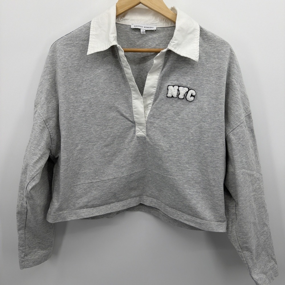 Rebecca Minkoff M Gray Nici Cropped Rugby Shirt Long Sleeve Embroidered NYC